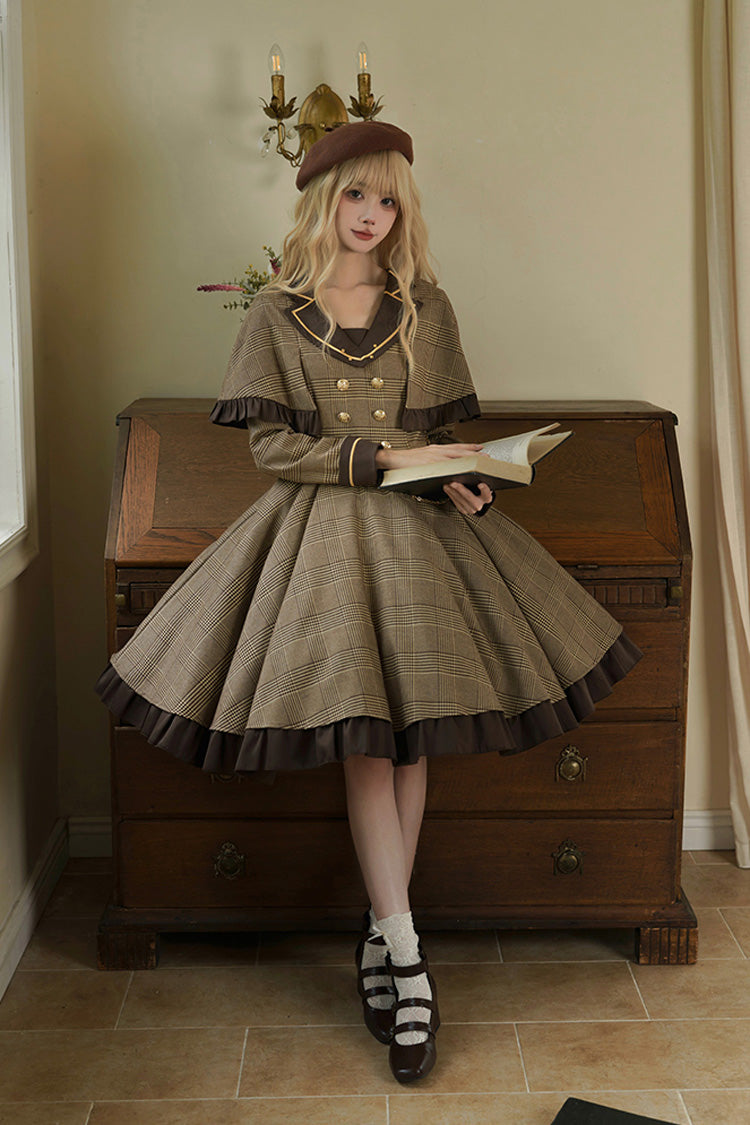 Brown Baker Street Stories Stripe Print Ruffle Fake Two Pieces British College Style Classic Lolita Dress
