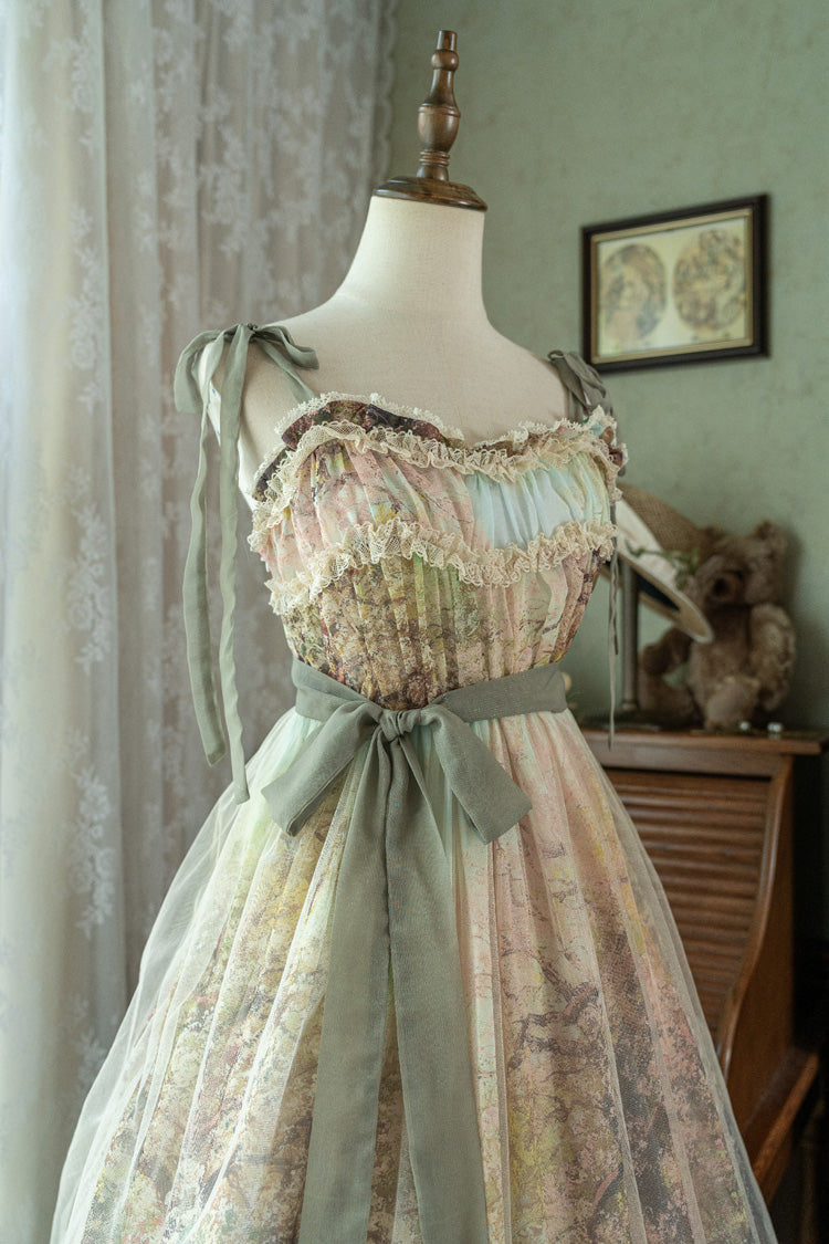 Green Oil Painting – Spring Sleeveless Print Ruffle Bowknot Lace Sweet Lolita Jsk Dress
