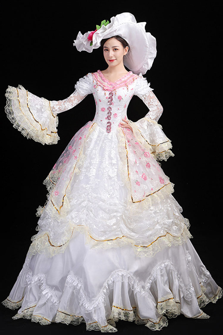 White Hime Sleeves High Waisted Lace Stitching Flower Print Victorian Lolita Prom Tiered Dress