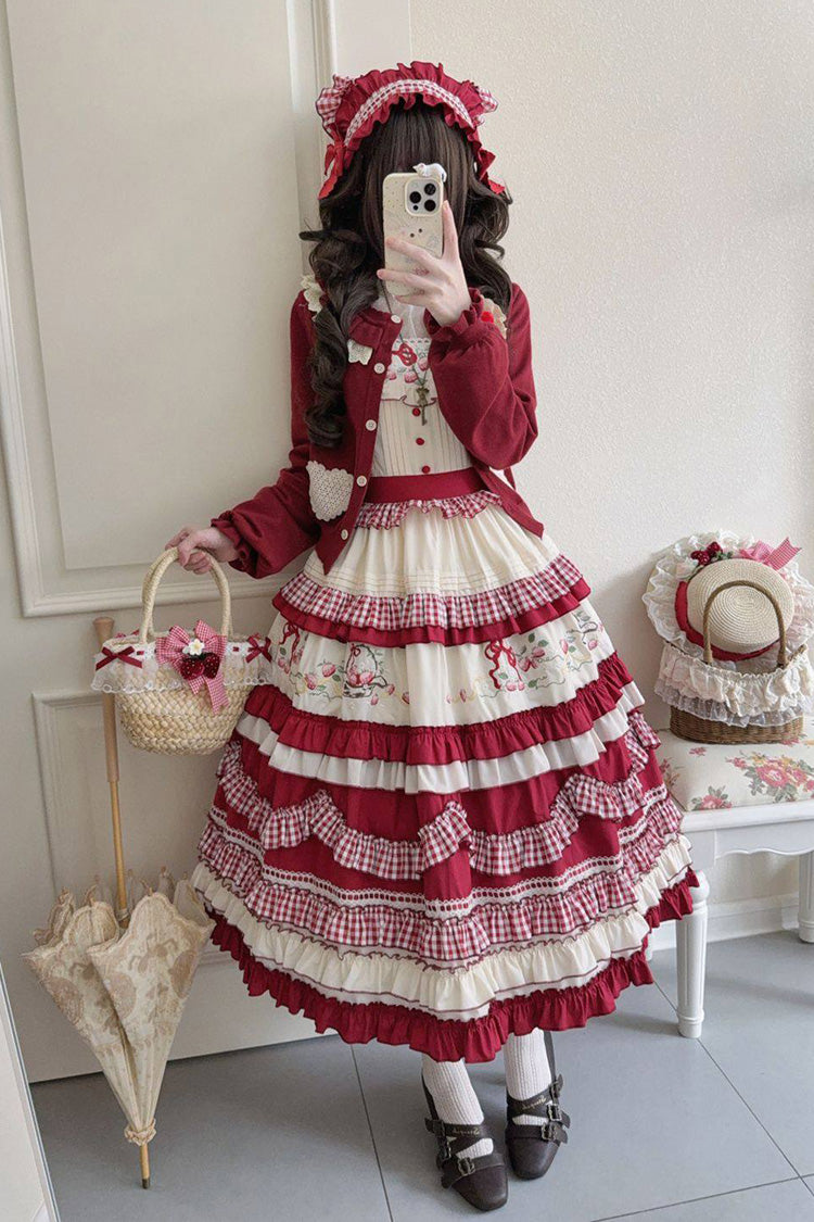 Red Strawberry Basket Square Collar Multi-Layered Printed Ruffled Embroidered Bow Sweet Lolita Jsk Dress