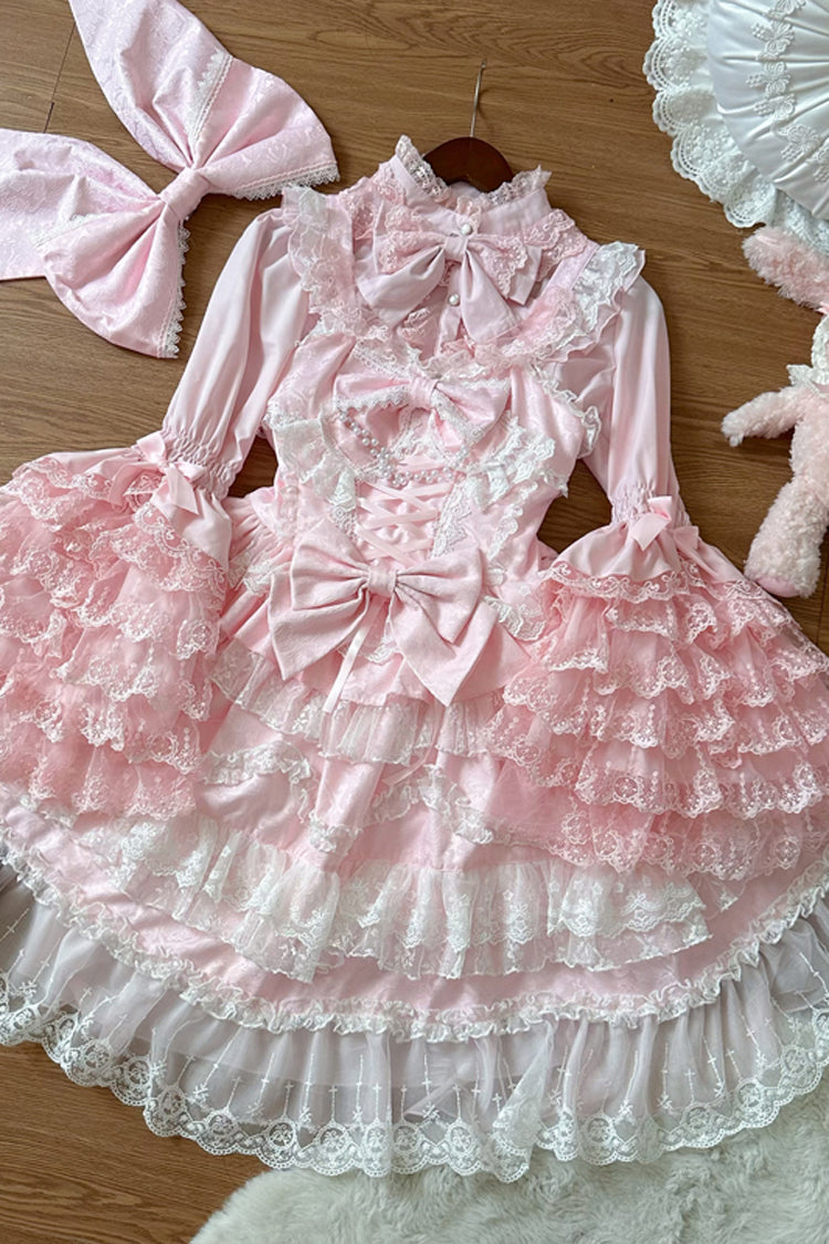 Pink Love and Heart Flutter Sleeveless Multi-Layered Ruffle Bowknot Lace Pearl Sweet Lolita Jsk Dress