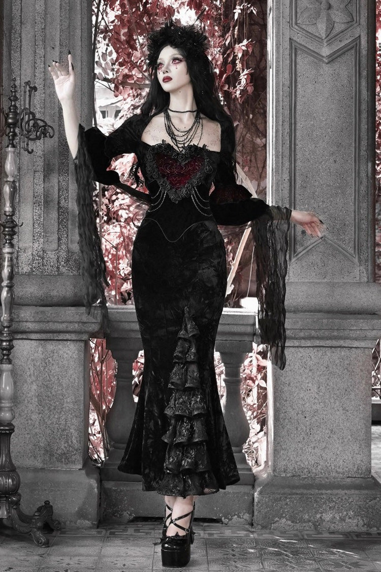 Black Castle of Dark Romance Square Collar Short Sleeves Multi-Layered Ruffled Embroidered Open-Front Lace Gothic Lolita Mermaid Dress