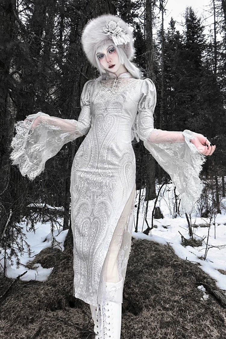 Silver The Call of the Snow Country V Collar Long Sleeves High Waisted Ruffle Lace Gothic Lolita Fishtail Dress