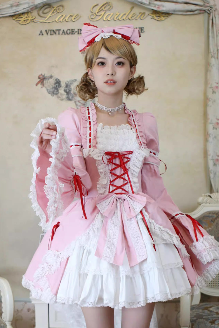 Miss Rella Short Sleeves Multi-Layered Ruffle Cardigan Bowknot Lace-Up Sweet Lolita Dress 9 Colors