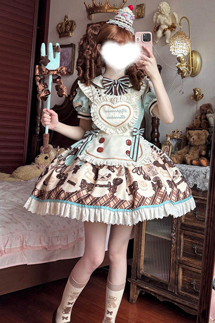 Brown Peppermint Chocolate Chocolate Cake Bear Print Ruffle Bowknot Lace-Up Sweet Lolita Dress