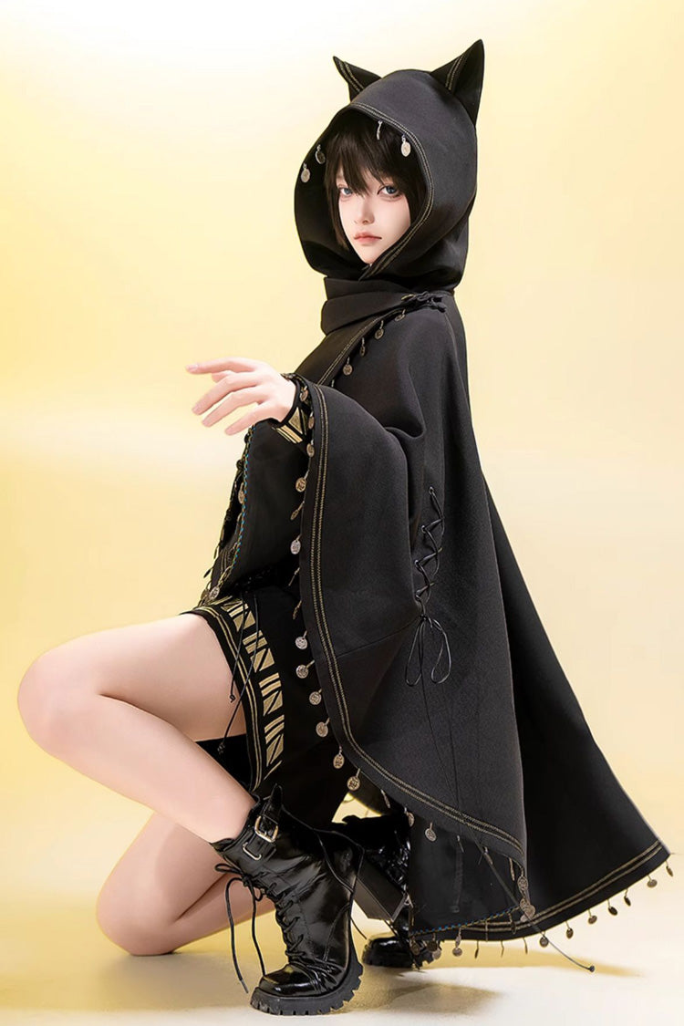 Black Black Cat Embroidery Cat Ears Hooded Ouji Gothic Prince Handsome Lolita Cloak