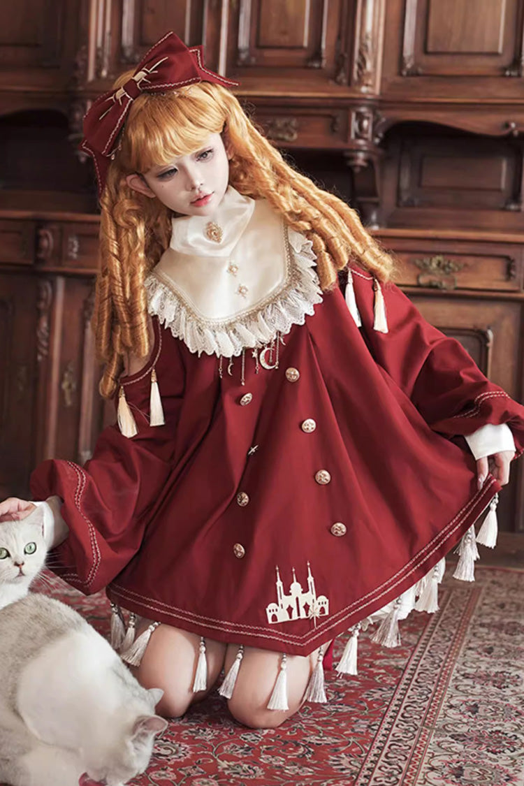 Red Starry Night Long Sleeves Ruffle Embroidery Sweet Princess Lolita Dress Full Set