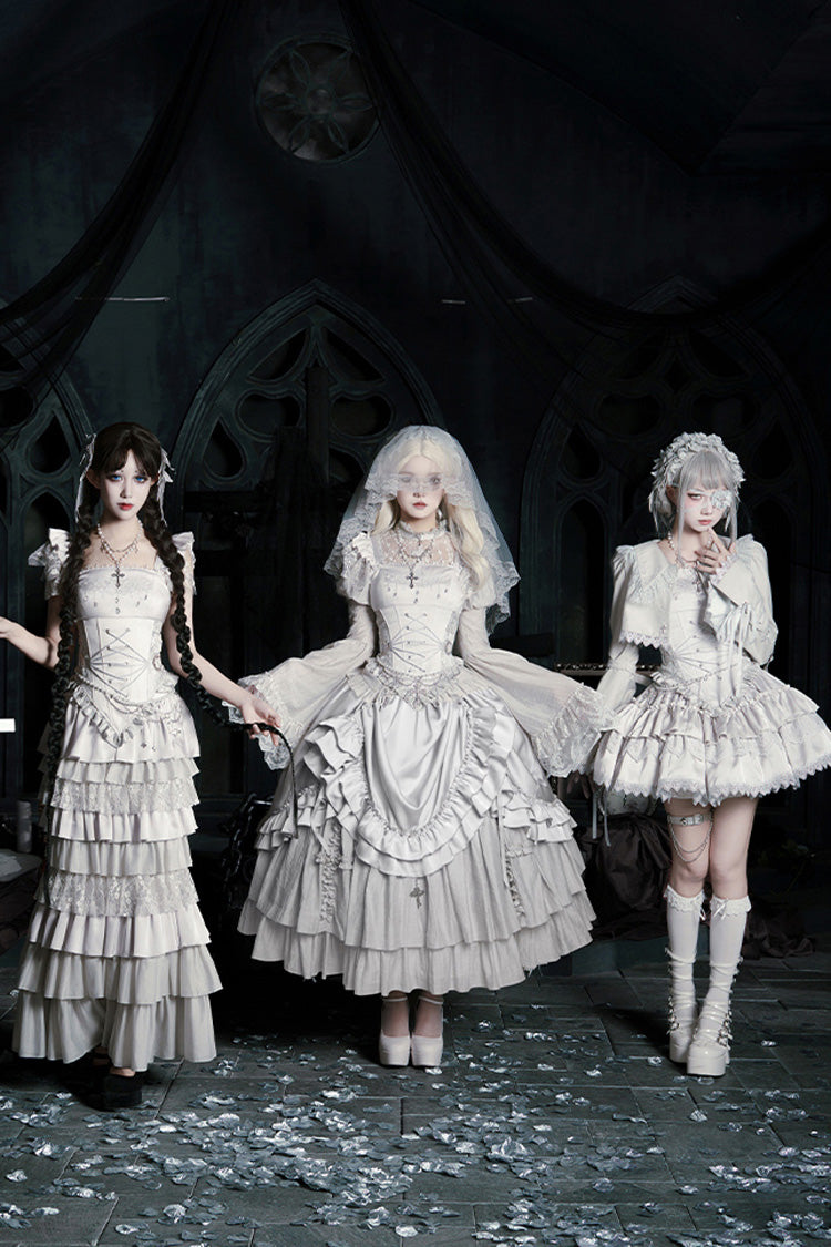 Solid Color Bionic Doll Square Collar Multi-Layered Ruffle Bowknot Lace-Up Gothic Lolita Short Skirt Corset Set