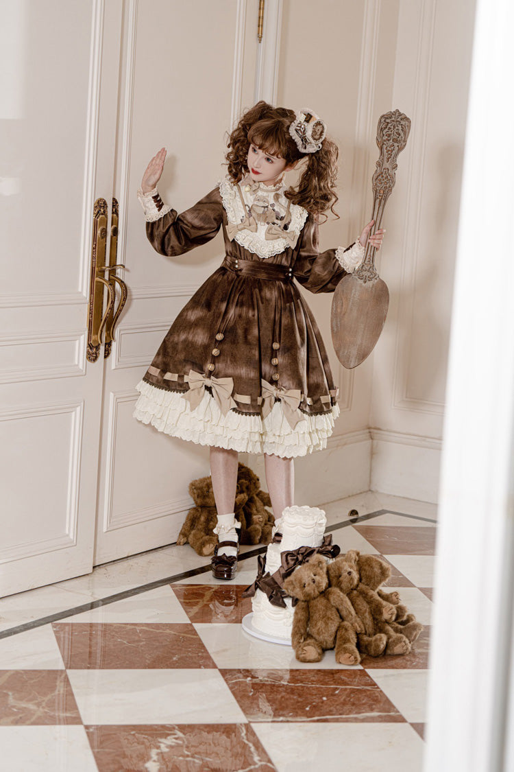Brown Chocolate Cat Print Long Sleeves Ruffle Bowknot Sweet Lolita Dress