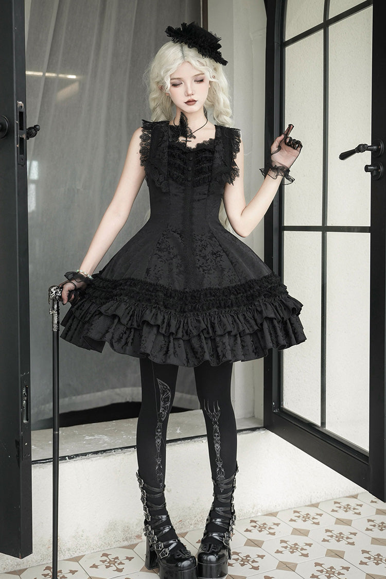 Escape Double-Layered Jacquard Striped Printed Ruffled Slim Gothic Lolita Jumper Dress 3 Colors
