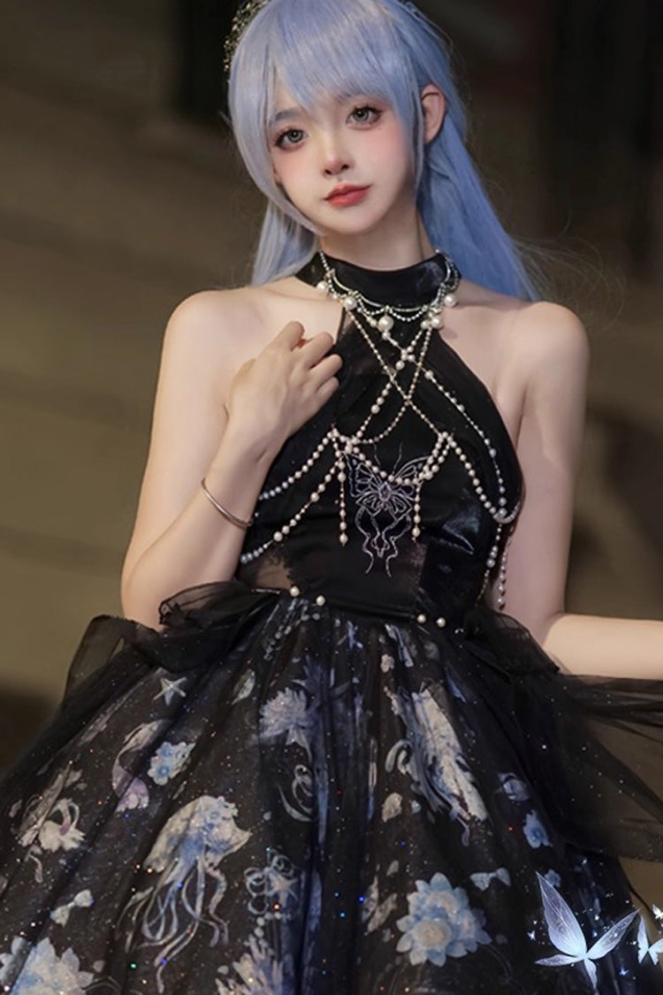 Blue Deep Sea Jellyfish Halterneck Sleeveless Print Embroidery Bowknot Lace Sweet Elegant Lolita Jsk Dress