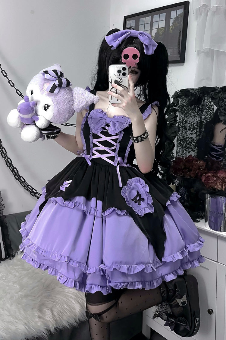 Black/Purple Halloween Little Witch Sleeveless Double-Layered Ruffle Bowknot Lace-Up Gothic Lolita Jsk Dress