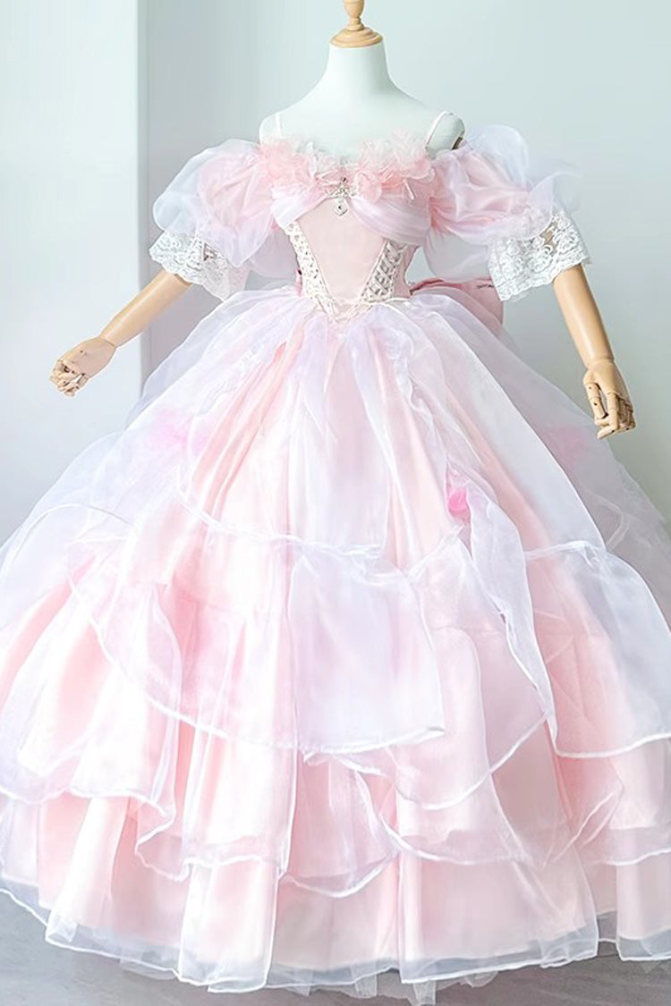 Pink Off Shoulder Short Sleeves Multi-Layered Ruffle Hanayome Bowknot Lace Sweet Plus Size Lolita Dress