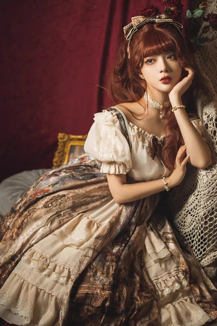 Brown Cloria Oil Painting Print Bowknot Lace Sweet Elegant Palace Lolita Jsk Dress