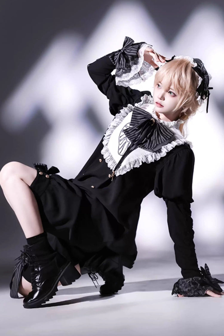 Black/White Rabbit Hole Long Sleeves Bow Gothic Prince Ouji Lolita Set