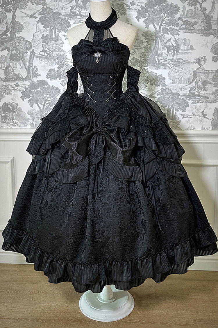 Solid Color The Mystery of The Doll Halterneck Ruffle Bowknot Drawstring Gothic Lolita Dress 4 Colors