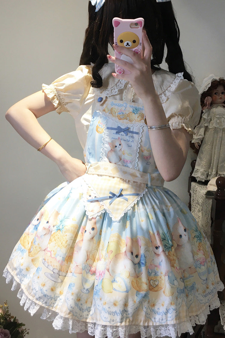 Blue Pineapple Cat Print Sleeveless Bowknot Lace Sweet Lolita Strap Dress