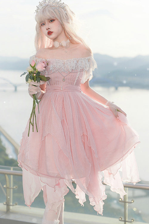 Pink Square Neck Boat Neck Versatile Lace Short Sleeves Irregular Petal Hem Sweet Lolita Dress