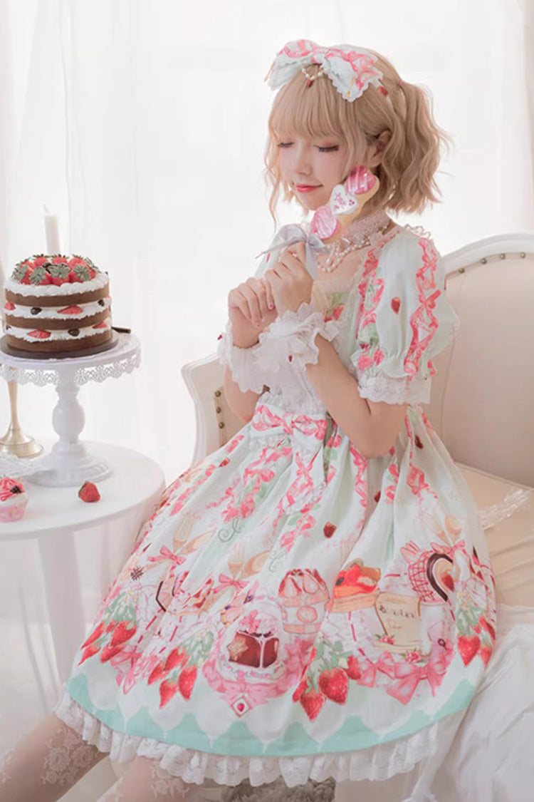 Strawberry Feast Short Sleeves Printed Ruffled Bow Sweet Lolita Dress 4 Colors