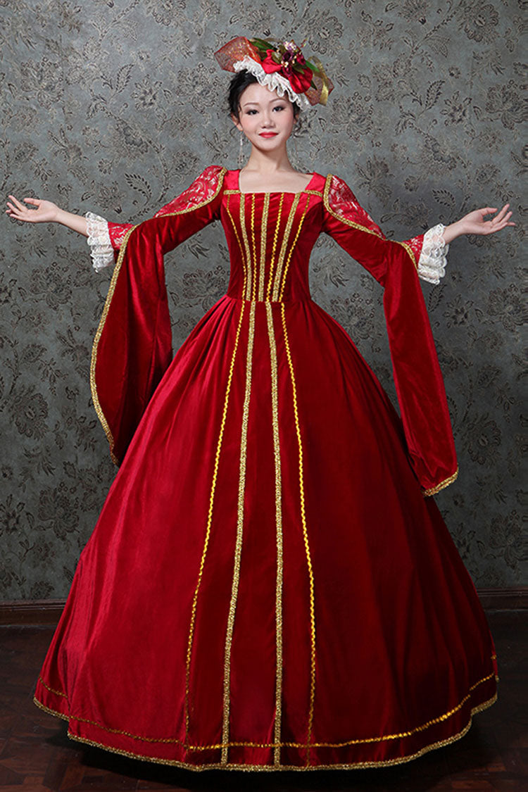 Red Hollow Embroidery Floral Print Half Sleeves High Waisted Victorian Lolita Prom Dress