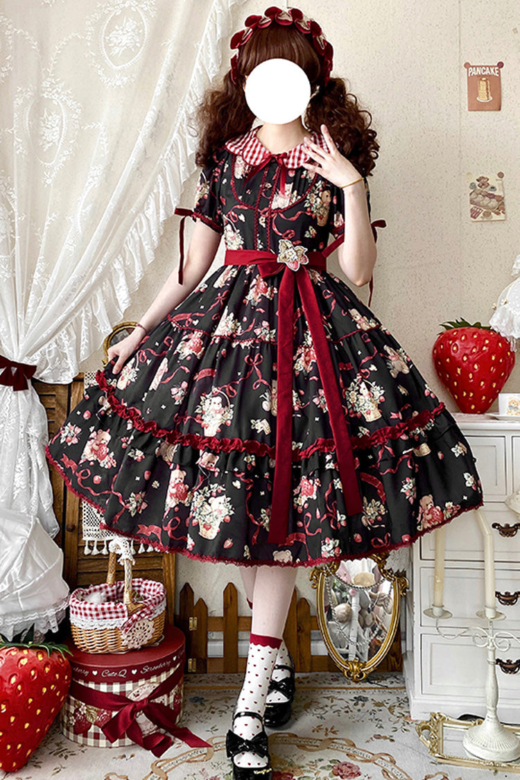 Bear's Strawberry Garden Lapel Collar Short Sleeves Print Bowknot Sweet Lolita Dress 4 Colors