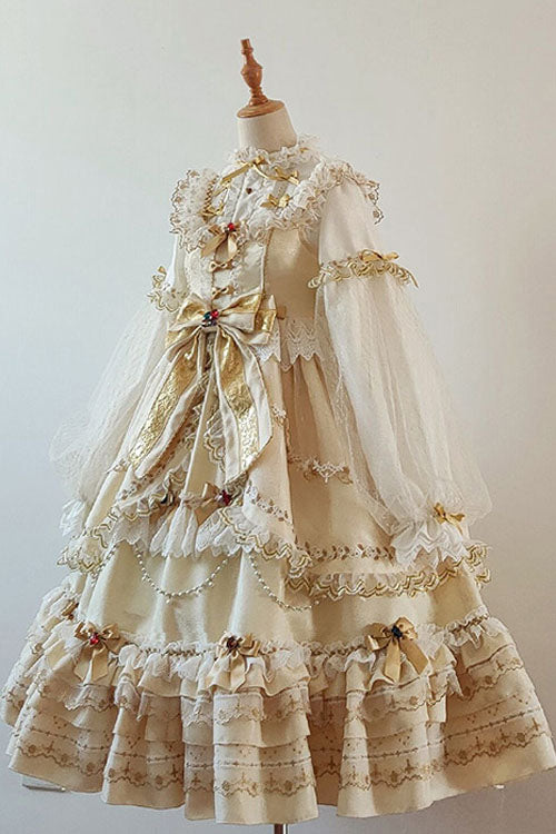 Gold Hanayome Bowknot Princess Multi-Layer Ruffled Sweet Lolita JSK Dress