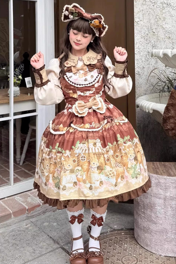 Brown Squirrel Chocolate Shop Sleeveless Printed Ruffled Bow Sweet Lolita JSK Dress with Blouse