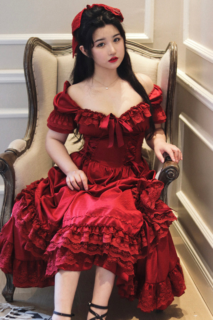 Red Short Puff Sleeves Multi-Layered Ruffle Bowknot Classic Vintage Lolita Dress