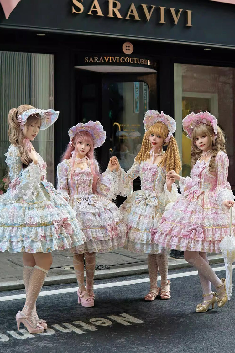Pink Candlelight Elegance Long Trumpet Sleeves Multi-Layered Ruffle Bowknot Lace Sweet Elegant Lolita Dress