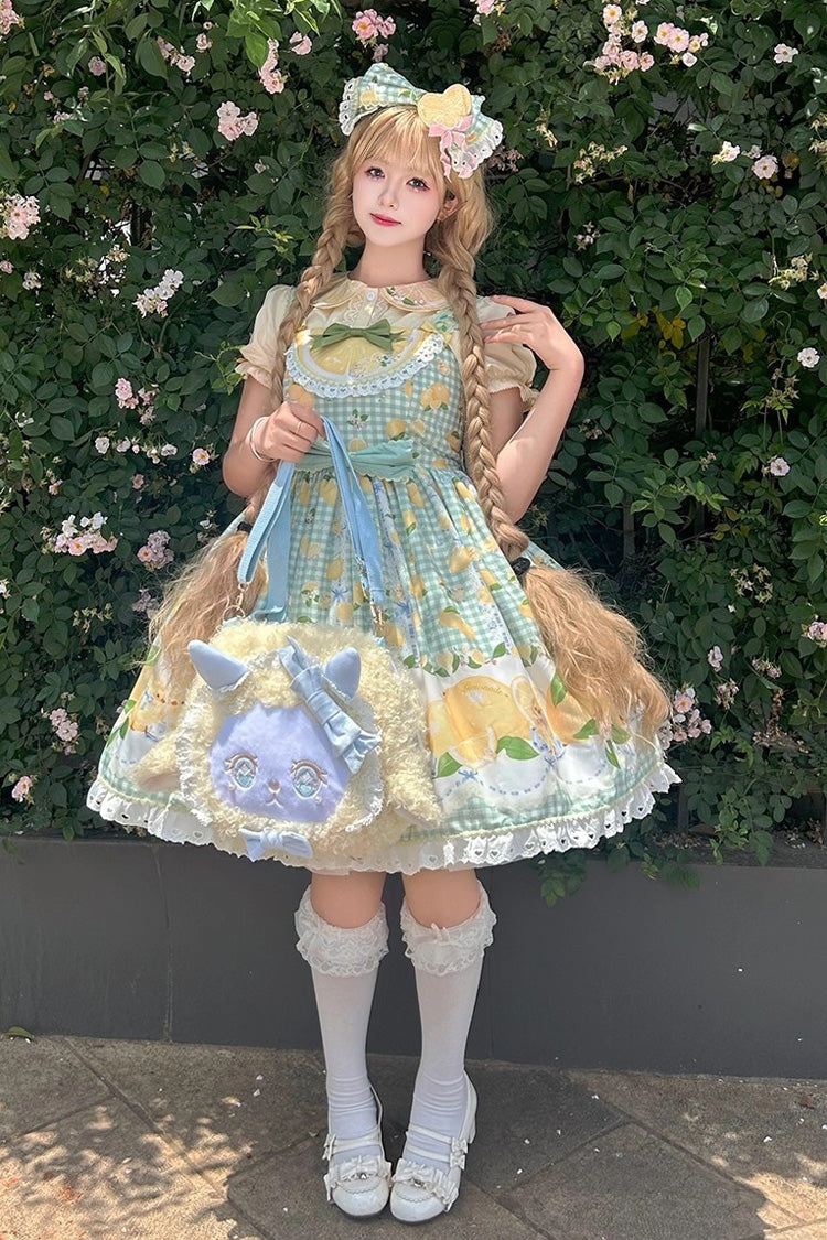 Green Lemon Chicken Print Ruffle Bowknot Lace Sweet Lolita Jsk Dress