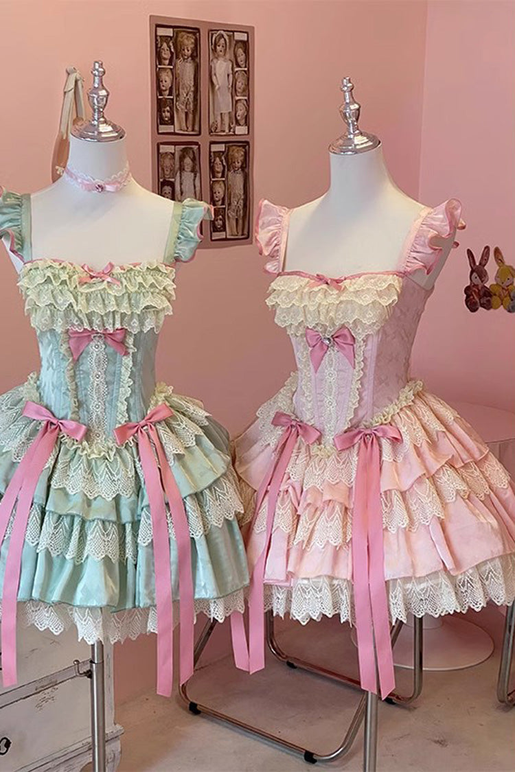 Pink Strawberry Candy Multi-Layered Ruffle Bowknot Lace Sweet Ballet Lolita Dress