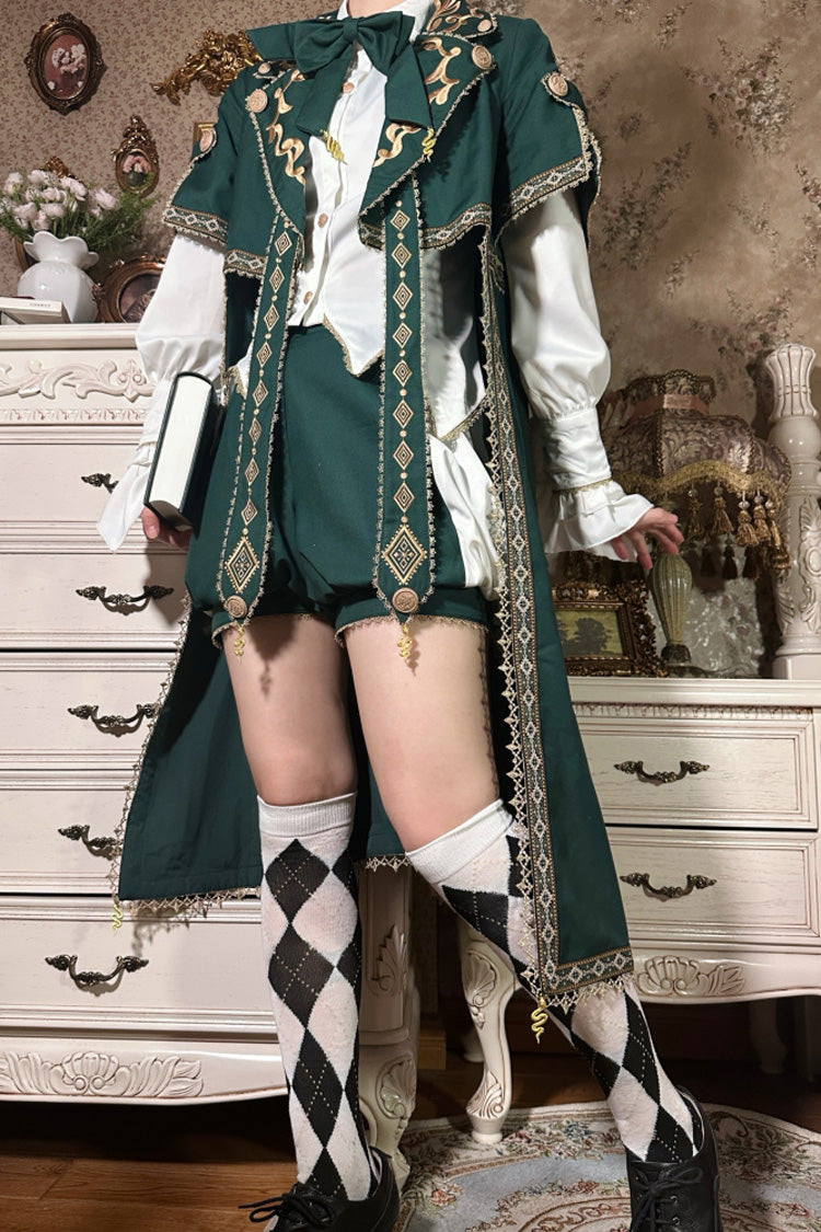 Green Theocratic Messenger Embroidery Classic Military Gorgeous Handsome Ouji Lolita Coat Blouse Shorts Set