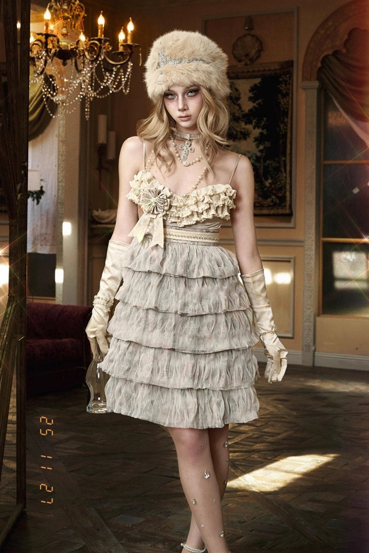 Beige Slavic Noble Lady Sleeveless Multi-Layered Ruffled Bow Sweet Elegant Lolita Jsk Dress
