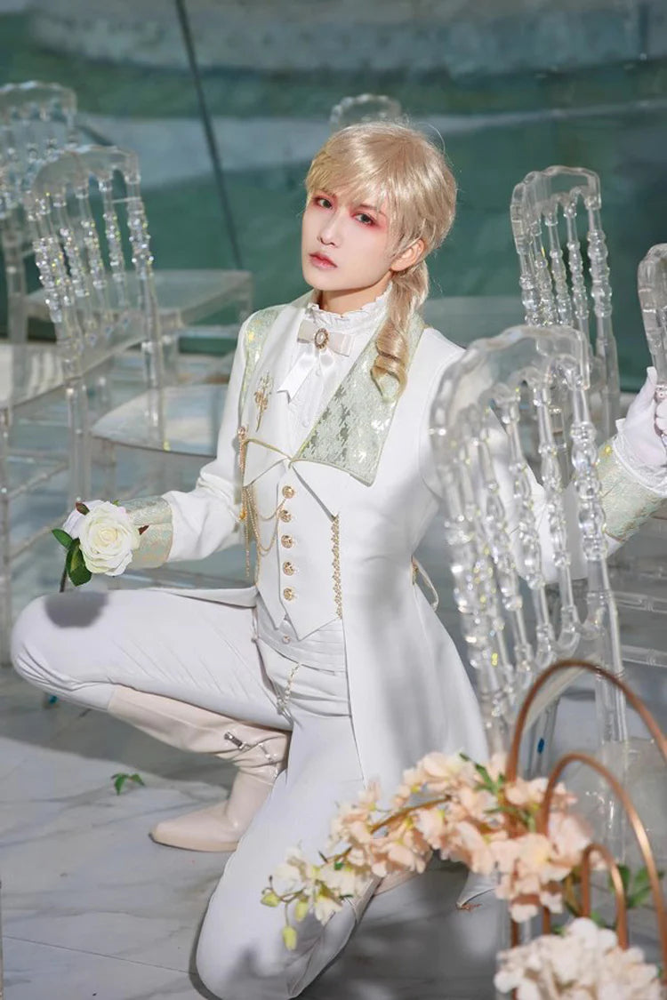 White Eternal Rose Knight Stand Collar Long Sleeves Ruffle Vintage Elegant Prince Handsome Lolita Blouse