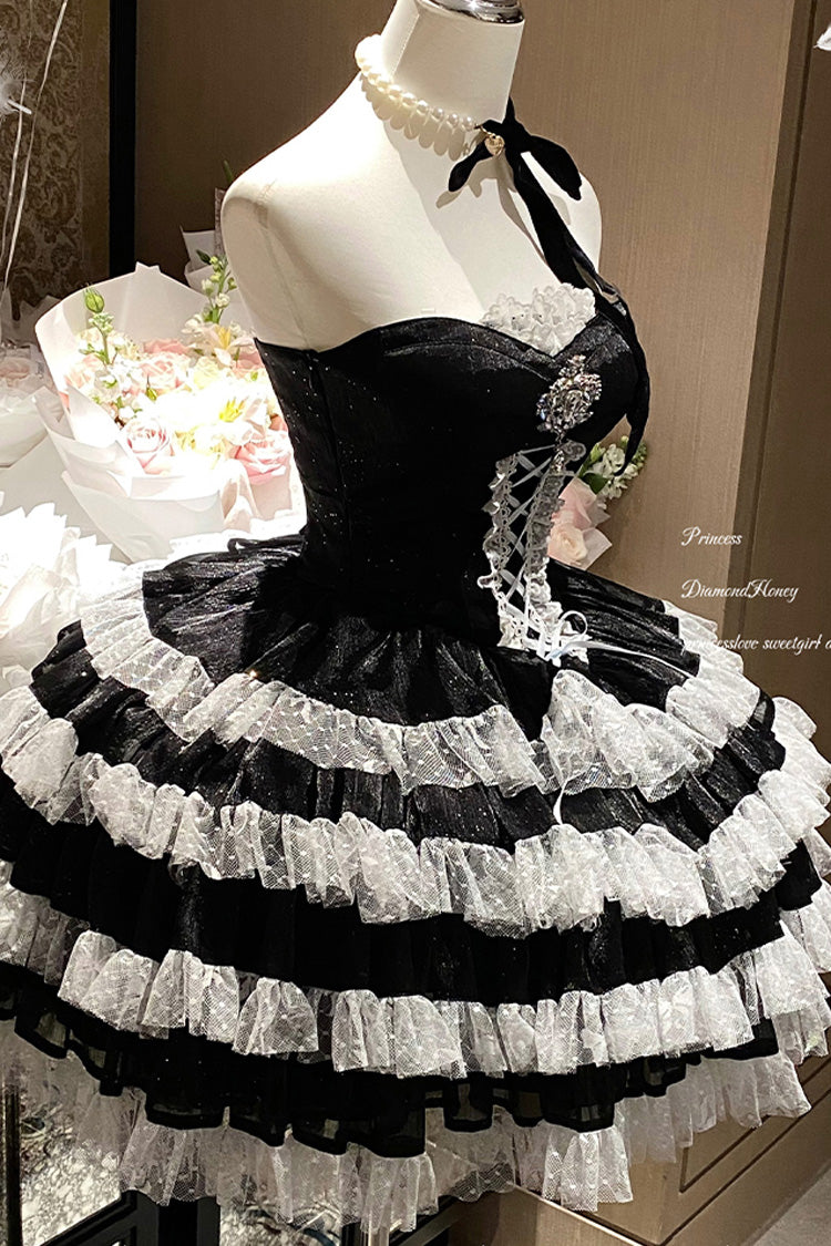 Black Heartbeat at First Sight Off Shoulder Sleeveless Multi-Layered Ruffle Bowknot Lace Lace-Up Sweet Princess Gorgeous Lolita Dress