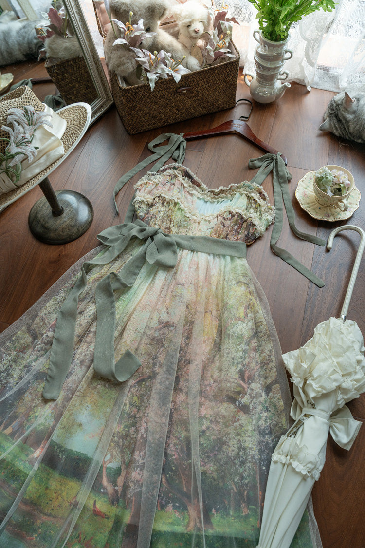 Green Oil Painting – Spring Sleeveless Print Ruffle Bowknot Lace Sweet Lolita Jsk Dress