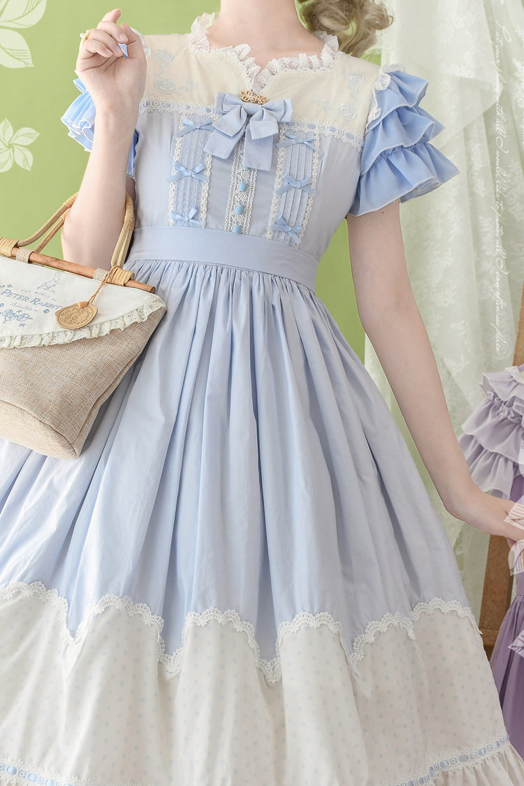 Summer Wind Short Sleeves Polka Dot Print Ruffle Embroidery Sweet Lolita Dress 3 Colors