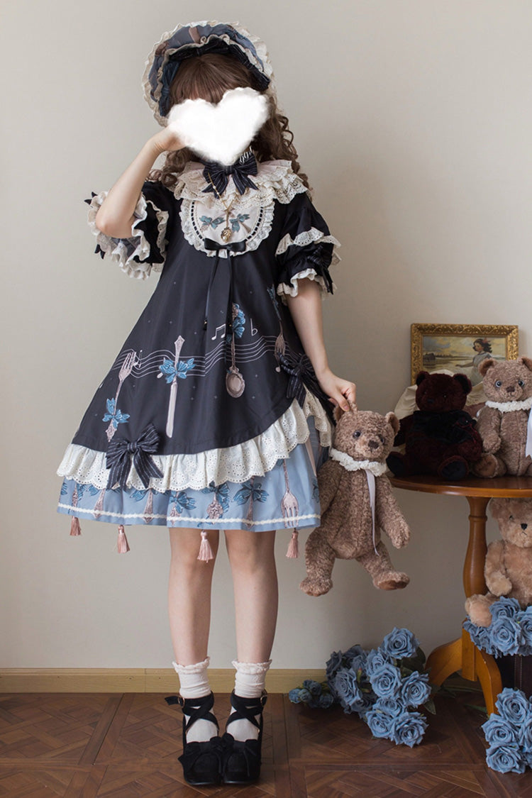 Dark Blue The Witch's Banquet Round Collar Short Sleeves Printed Ruffled Embroidered Bow Asymmetric Sweet Lolita Dress