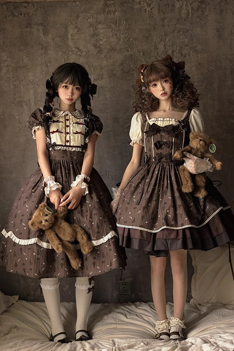 Brown Moro Coco Hot Air Balloon Print Ruffle Bowknot Sweet Elegant Princess Lolita Dress Long Version
