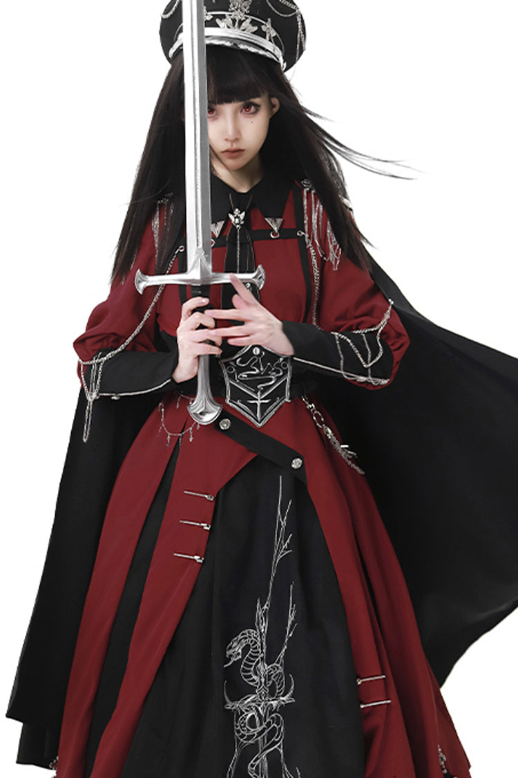 Red/Black Scarlet Night Knight Metal Chain Print Bowknot Gothic Military Elegant Lolita Dress