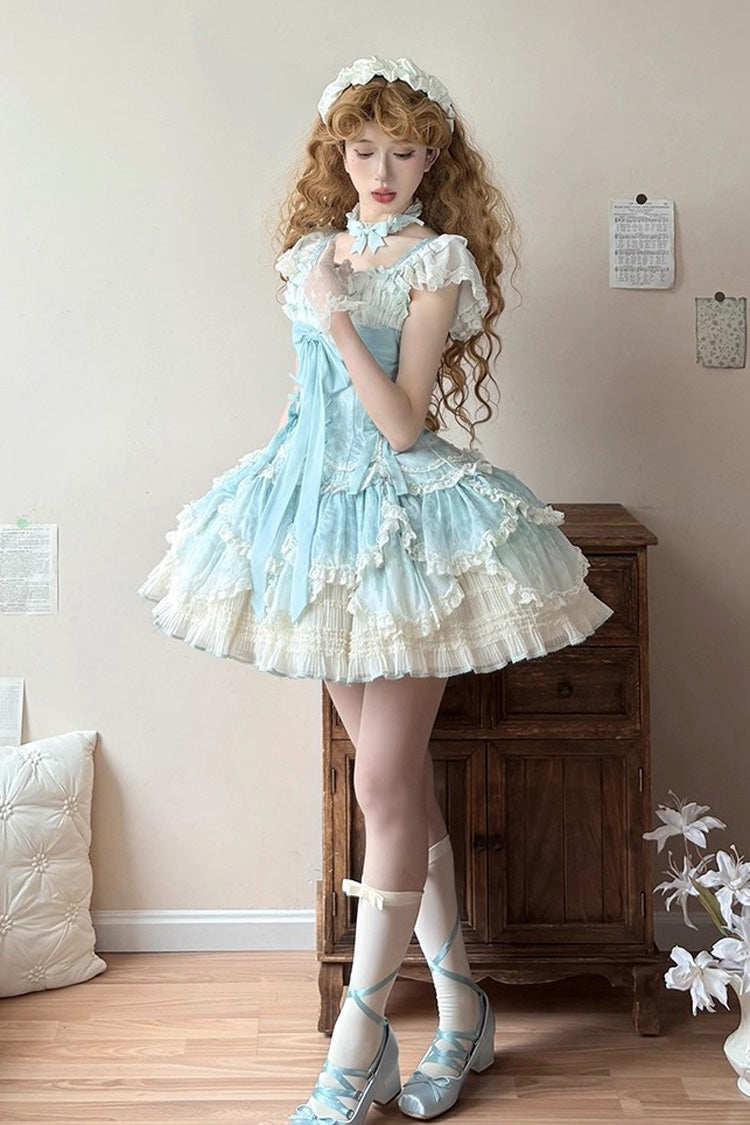 Green Floral Dream Short Sleeves Multi-Layered Ruffle Embroidery Bowknot Lace-Up Sweet Elegant Ballet Lolita Jsk Dress