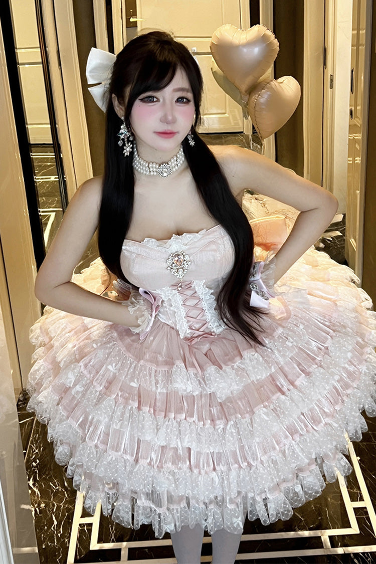 Pink Heartbeat at First Sight Off Shoulder Sleeveless Multi-Layered Ruffle Bowknot Lace Lace-Up Sweet Princess Gorgeous Lolita Dress