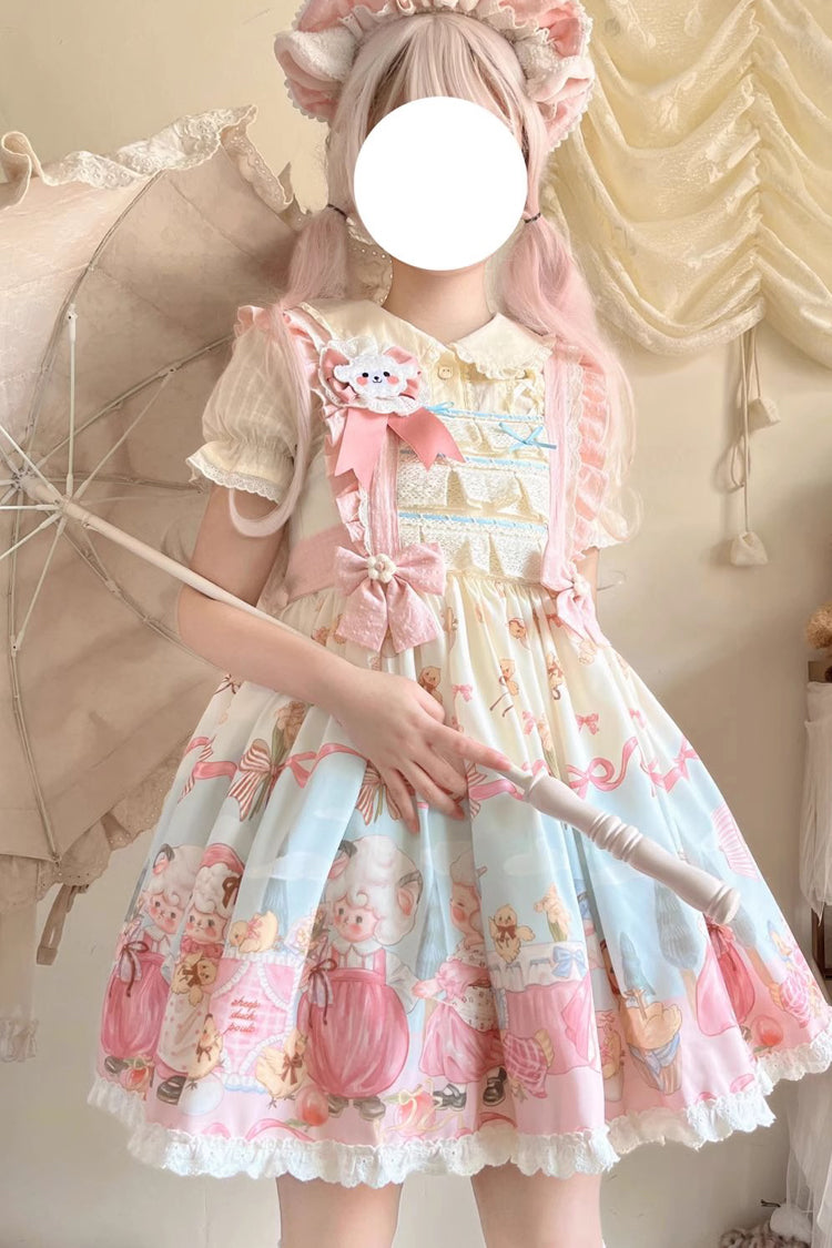 Blue/Pink Sheep Waltz Print Ruffle Bowknot Lace Sweet Lolita Jsk Dress