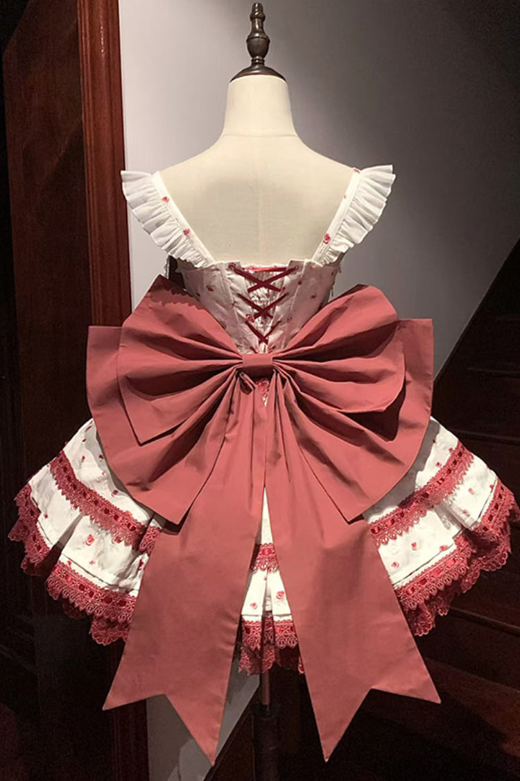 Wine Red First Love Rose Multi-Layered Print Ruffle Bowknot Lace Sweet Lolita Jsk Dress Set