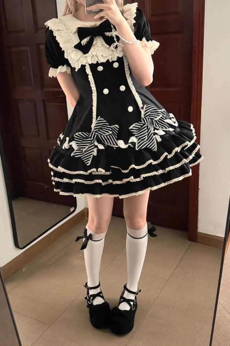 Black Striped Layered Short Sleeves Multi-Layered Ruffle Bowknot Sweet Princess Lolita Tiered Dress