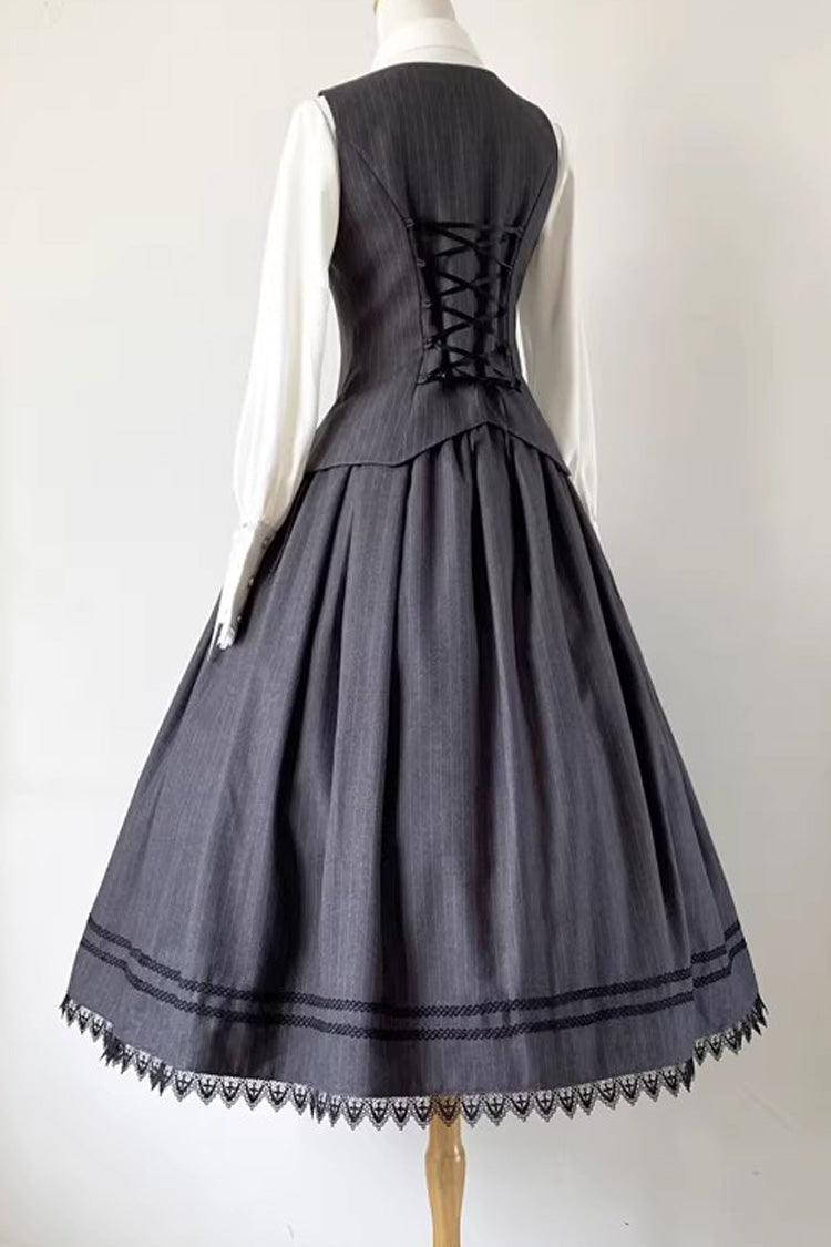Grey Griffin's Pact Striped Printed Ruffled Gothic Lolita Skirt Vest Set