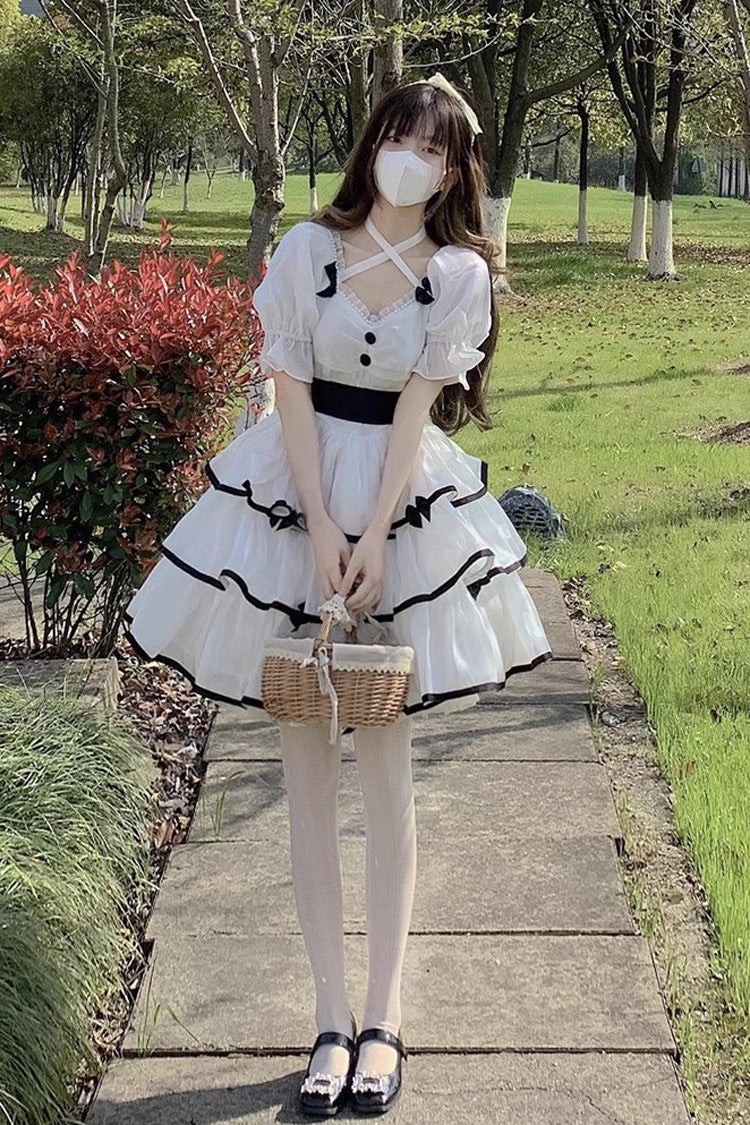 Rose Contrast Color Large Swing Tiered Short Sleeves Gothic Lolita OP Dress 3 Colors