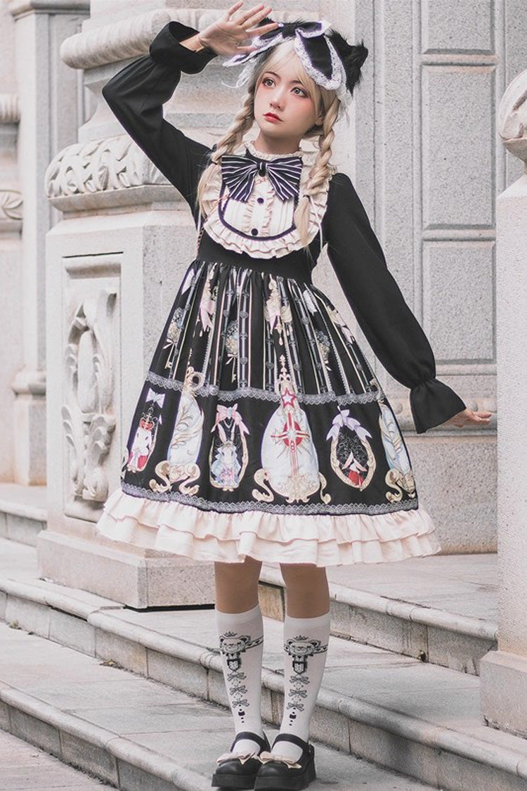 Black Easter Stand Collar Long Sleeves Print Ruffle Bowknot Sweet Plus Size Lolita Dress