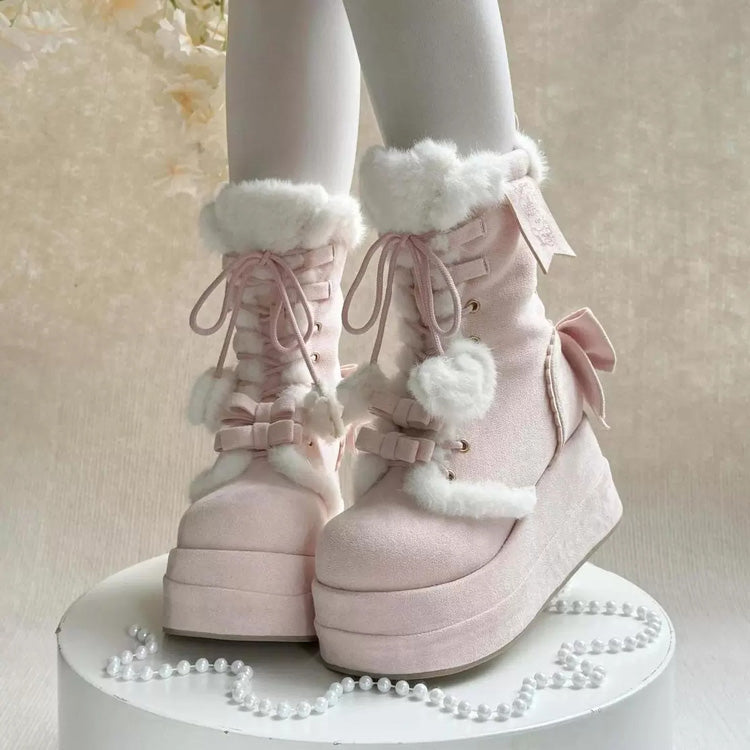 Pink Cute Platform Thick-Soled Bowknot Lace-Up Sweet Lolita Plush Boots