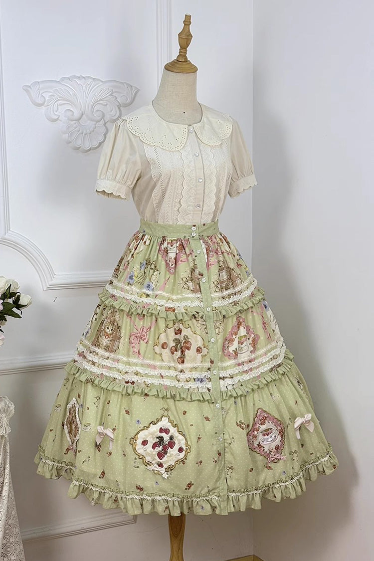 Green Cat Rose Tea Print Ruffle Sweet Gorgeous Lolita Skirt